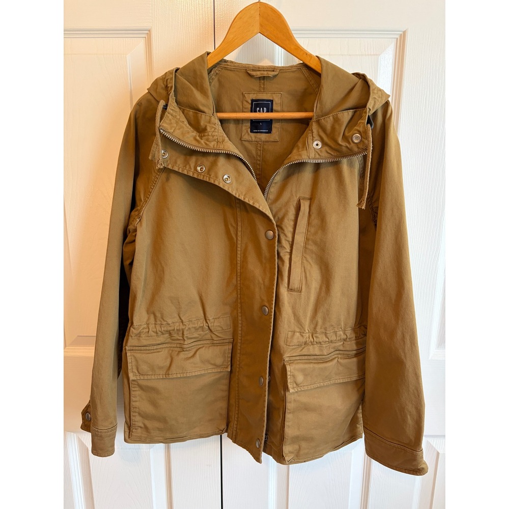 Gap Womens Utility Field Jacket Khaki Brown Hooded Cotton Blend Size L